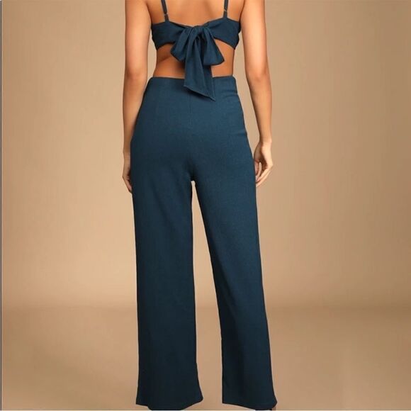 Lulus Blissful Season Teal Tie-Back Cutout Wide-Leg Jumpsuit Size L - Picture 4 of 13